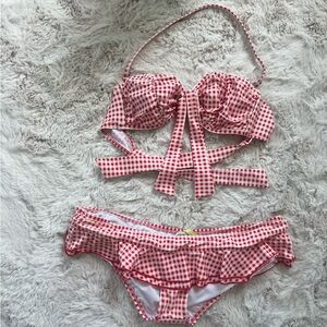 Retro Red and white vintage gingham halter ruffle bikini set